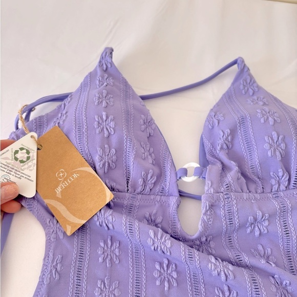 NWT Berlook Purple One Piece Swimsuit with Floral Detailing O Ring Size Medium - Picture 4 of 10
